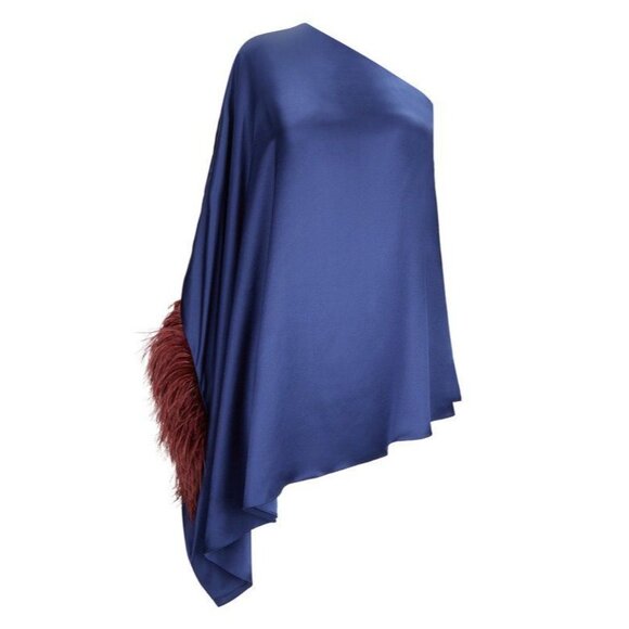 SILKED LONDON One Shoulder Ostrich Feather Silk Trim Top Sz US2 UK6 NEW wo tags - Picture 2 of 4